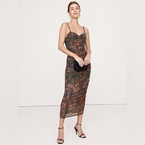 NWT! Banana Republic Green Camo Splatter Ruched Mesh Corset Midi Dress - Size 14